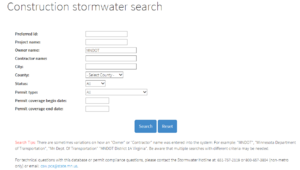 This screenshot of Construcont Stormwater Permit search tool