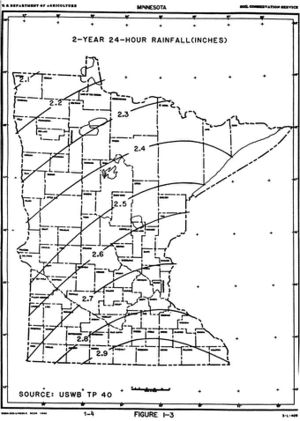 map showing 2-year 24-hour rainfall distribution across Minnesota
