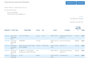 This screenshot shows the Construction Stormwater search tool result set