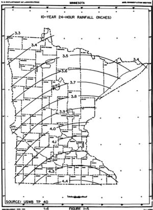 map showing 10-year 24-hour rainfall distribution across Minnesota