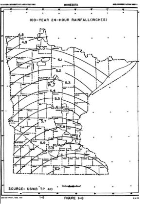 map showing 100-year 24-hour rainfall distribution across Minnesota