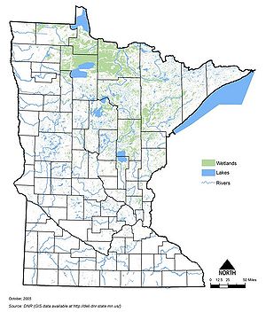 map showing location of lakes, rivers and wetlands in Minnesota