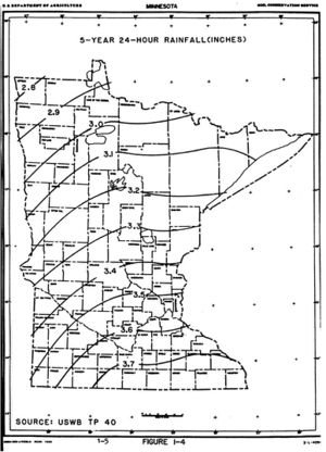 map showing 5-year 24-hour rainfall distribution across Minnesota