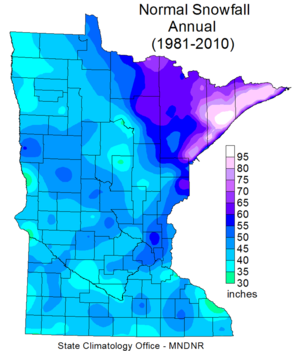 map showing normal annual snowfall in Minnesota