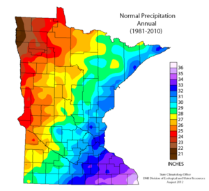 map showing normal annual precipitation across Minnesota.