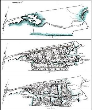 schematic showing comparison of pre-development, concentional development, and open space design