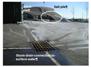 This photo of salt storage uncovered and downhill from snow pile