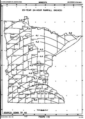 map showing 25-year 24-hour rainfall distribution across Minnesota