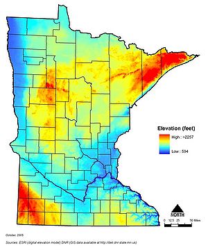 map showing land surface elevation in Minnesota