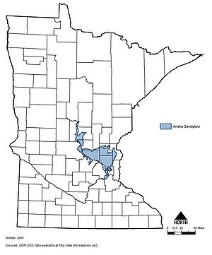 map showing the location of the Anoka sand plain in Minnesota