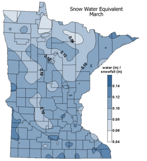 map showing average snow water equivalent in Minnesota at the time of melt