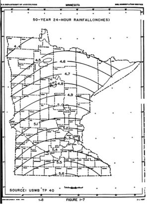 map showing 50-year 24-hour rainfall distribution across Minnesota