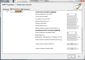 Screen shot of BMP parameters tab for Swale main channel. The user must enter values for all blank cells.
