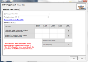 screen shot of watershed tab for sand filter in MIDS calculator