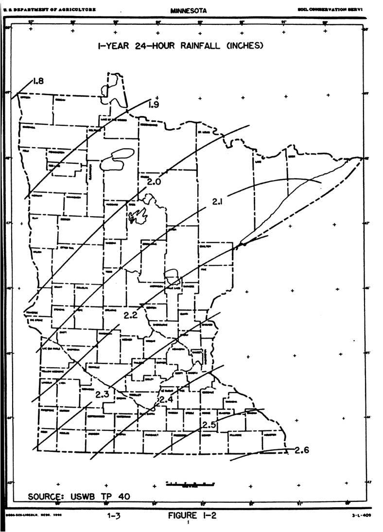 Map illustrating 1 Year, 24 Hour Rainfall for Minnesota. Source: Oceanic and Atmospheric Administration, TP-40