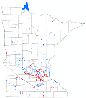 Map showing lakes (blue) and streams (red) impaired or proposed for inclusion on the impaired waters list.