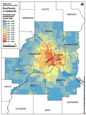 This image shows 2010 Road Density in the TCMA