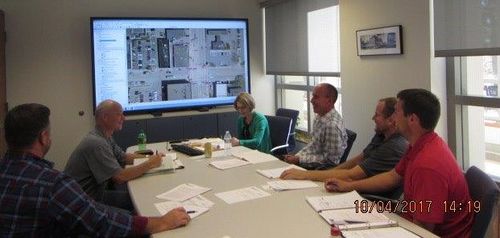 This image shows a group of people around a table discussing a storm sewer system map projected on the wall