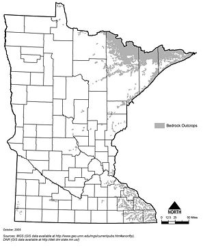 map showing bedrock outcrops in Minnesota