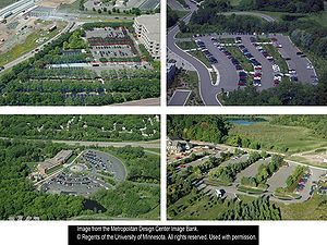 photo showing some alternative designs for commercial parking lots that introduce either pervious elements or tree cover that provides some canopy interception of rainfall.