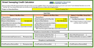 Screen shot of MPCA Street Sweeping Credit Calculator, using Option 2 to determine TP removed from initial input of wet volume converted to wet mass for a non-leaf collection event