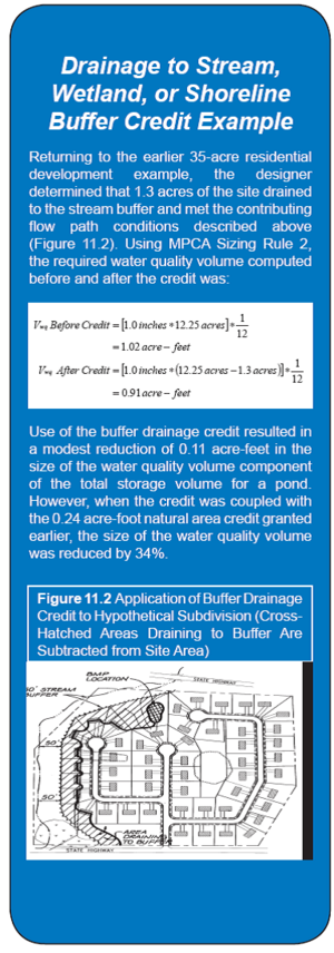 Schematic illustating an example credit calculation for drainage to streams, wetlands or shoreline buffers.