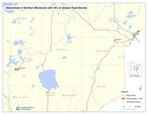 This map shows a Watershed with road densities 18% and greater in northern Minnesota