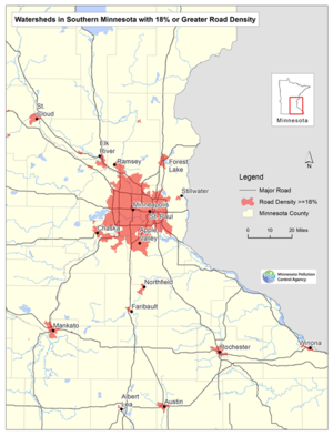 This map shows a Watershed with road densities 18% and greater in southern Minnesota