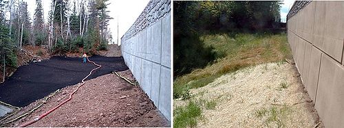 photo showing stabilization and revegetation using a compost vegetated mat and after stabilization with compost