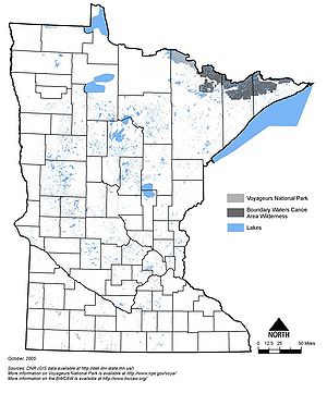 map showing the location of national parks and wilderness areas in Minnesota