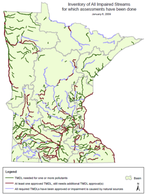 map illustrating Minnesota’s impaired streams as of 2009