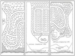 schematic showing conventional subdivision and two alternative open space designs