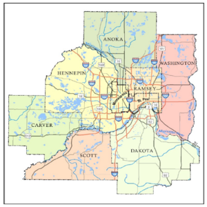 This map shows the Twin Cities Metropolitan Area (TCMA)