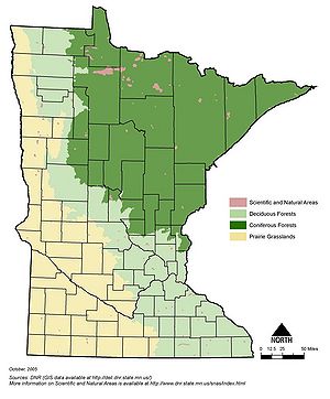 map showing the location of scientific and natural areas in Minnesota