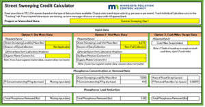 Screen shot of MPCA Street Sweeping Credit Calculator, using Option 2 to determine TP removed from initial input of wet volume converted to wet mass for a non-leaf collection event.