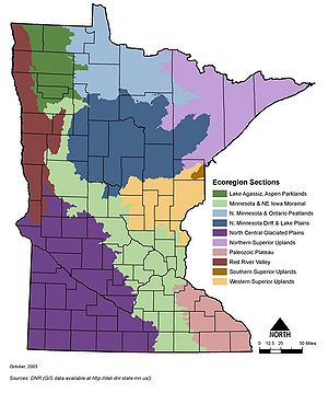 map illustrating the location of Minnesota Department of natural Resource ecoregion sections