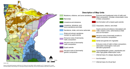 map showing bedrock geology of Minnesota