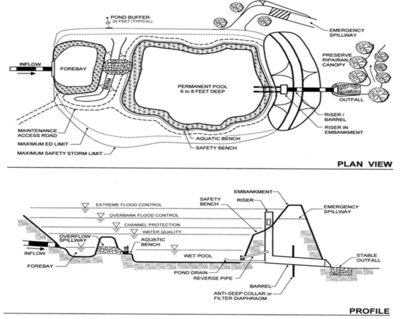 schematic showing plan and profile view of a wet detention pond