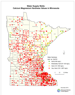 This image shows Hardness values of drinking water supply wells in Minnesota