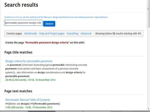 example of results for a search on permeable pavement design criteria}Screen shot showing results of a search on permeable pavement design criteria. The search first provides links to specific webpages (articles) related to the subject of interest, then provides word and phrase matches.