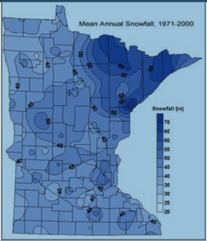 map showing normal annual snowfall in Minnesota