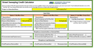 Screen shot of MPCA Street Sweeping Credit Calculator, using Option 1 to determine TP removed from initial input of dry mass for a fall leaf collection event.