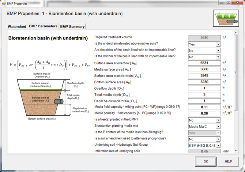 File:BMP Parameters tab bioretention with elevated underdrain example 1.png