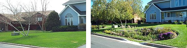 photos illustrating a private residence before and after installation of a rain garden