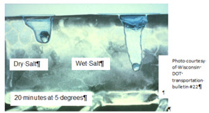 This photo shows the effects of using wet salt vs dry salt for melting ice