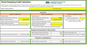 Screen shot of MPCA Street Sweeping Credit Calculator, using Option 2 to determine TP removed from initial input of wet mass for a fall leaf collection event.