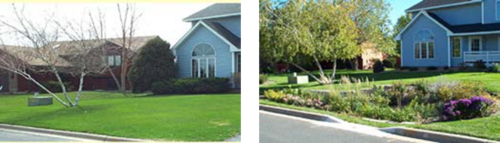 photos illustrating a private residence before and after installation of a rain garden