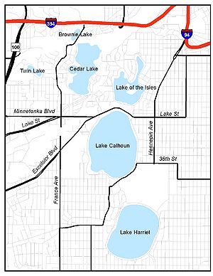Map showing the location of the Minneapolis Chain of Lakes