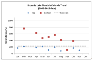 This chart shows Average monthly chloride concentrations in top and bottom samples in Brownie Lake