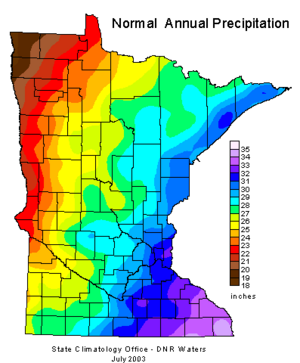 map showing normal annual precipitation across Minnesota.